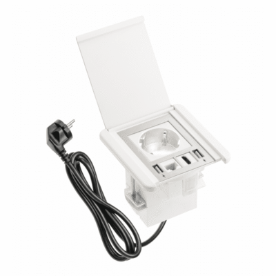 Mööblipistikuga flip-kate, 1x schuko pesa, 2xUSB A, RJ45, kaabel 1,5m, must, valge