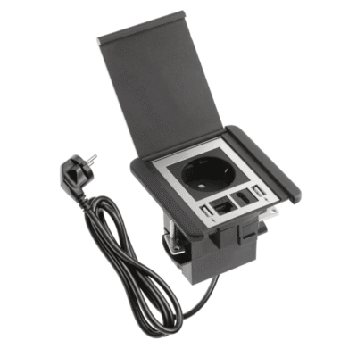 Mööblipistikuga Flip kattega, 1x schuko pesa, 2xUSB A RJ45, kaabel 1,5m, must