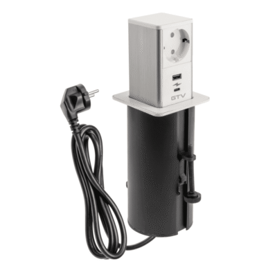 Tornist välja tõmmatav mööblipistik, 1x schuko pesa, 1xUSB A, 1xUSB C, kaabel 1,5m, valge, inox kate
