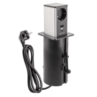 Tornist välja tõmmatav mööbli pistik, 1x schuko pesa, 1xUSB A, 1xUSB, kaabel 1.5m, must, inox kate