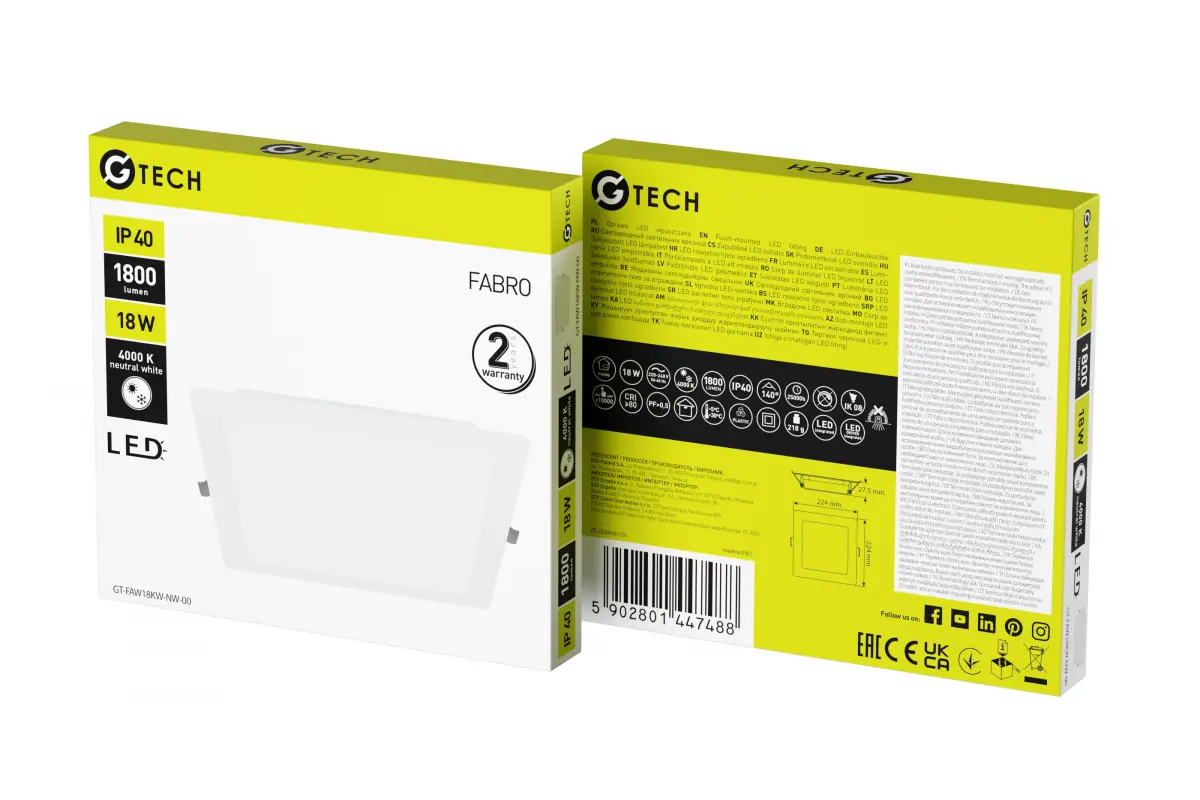 G-TECH FABRO süvistatav LED valgusti, 18W, 1800lm, 4000K, AC220-240V, IP40, ruudukujuline, valge - Image 2