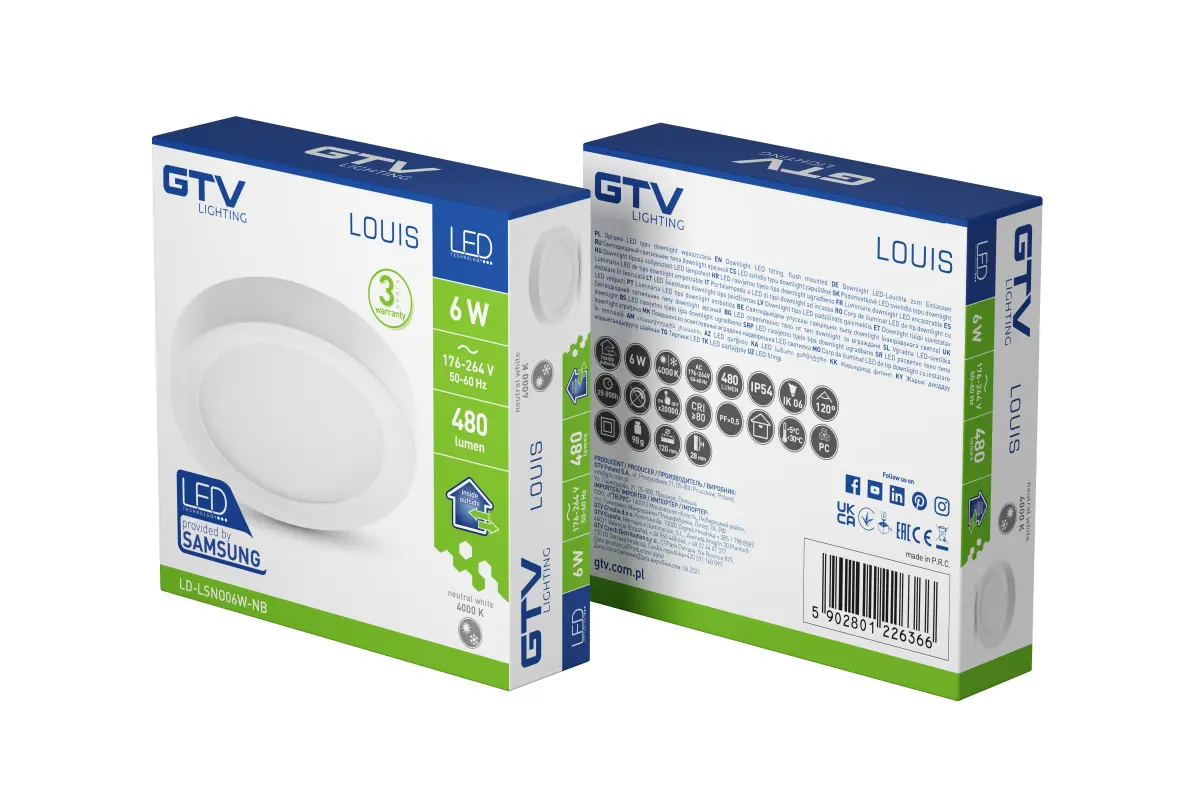 Louis LED valgusti, IP54, 6W, 480lm, AC176-264V, 50/60Hz, 120°, 4000K, pinnapealne, ümmargune - Image 3