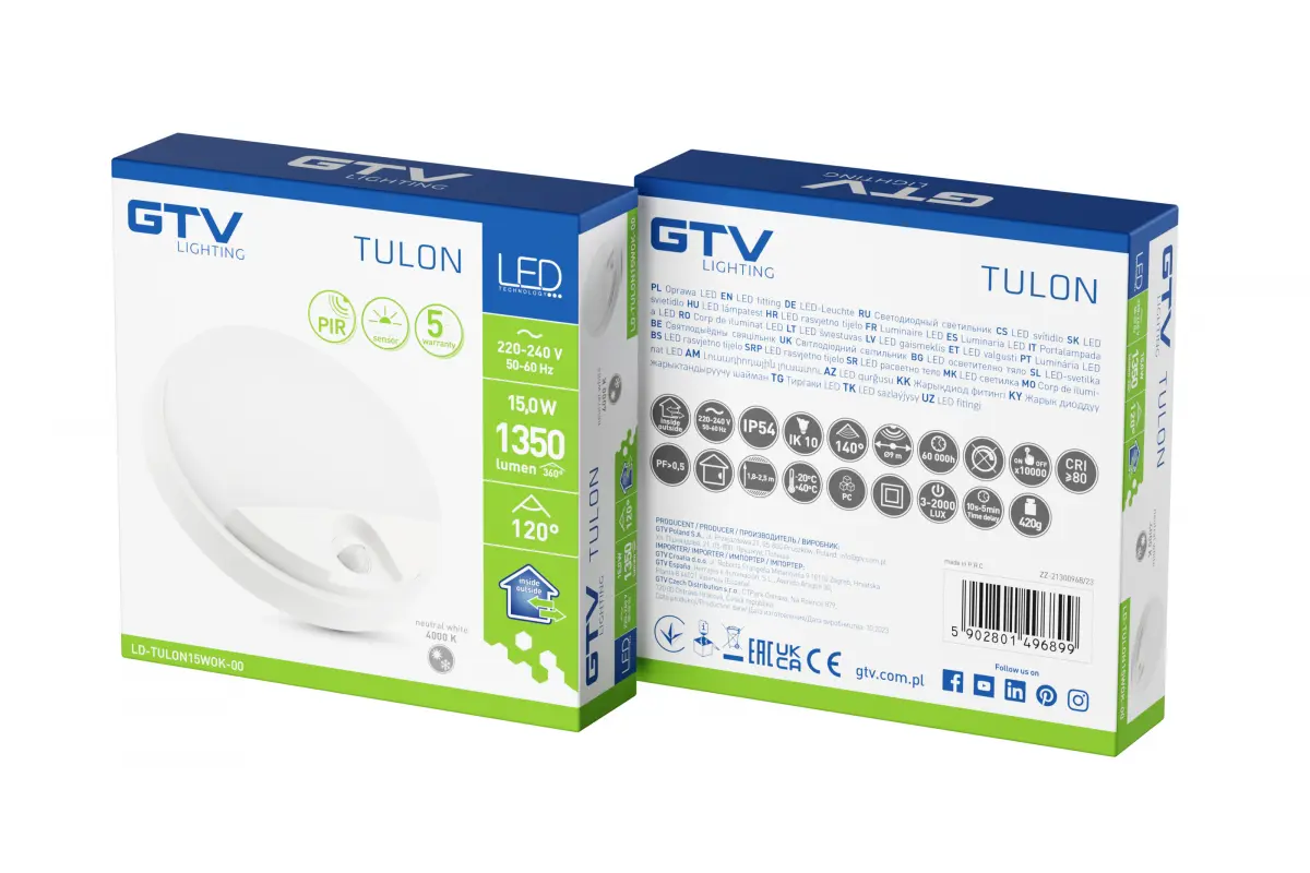 TULON liikumisanduriga LED valgusti, 15W, 1350lm, 4000K, AC220-240V, IP54, ümmargune, valge - Image 4