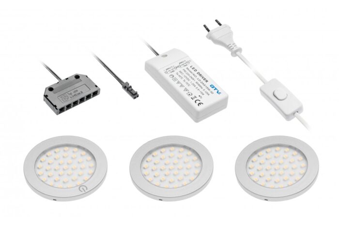 3 tk Castello LED valgustid, lülitiga, toiteplokk 15W, 12V DC, soe valge, siinivalgusti