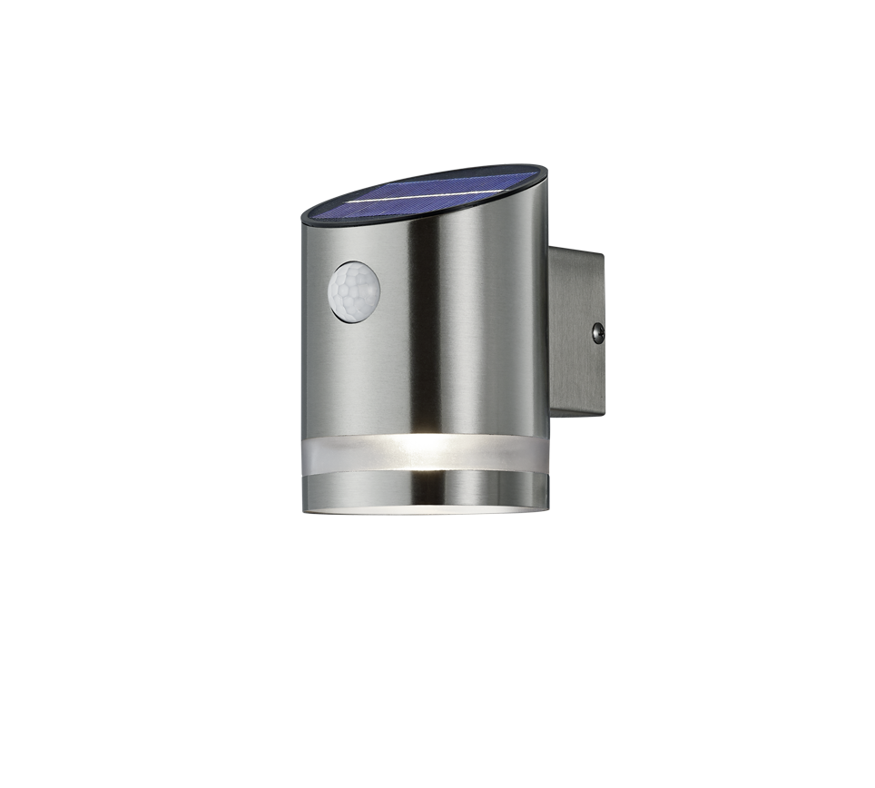 Seinavalgusti päikesepaneeliga harjatud terasest liikumisanduriga