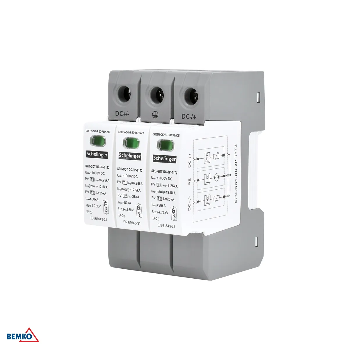 Liigpingepiirik 3P 12.5kA DC 1000V klass T1+T2 gaaslahendustoruga